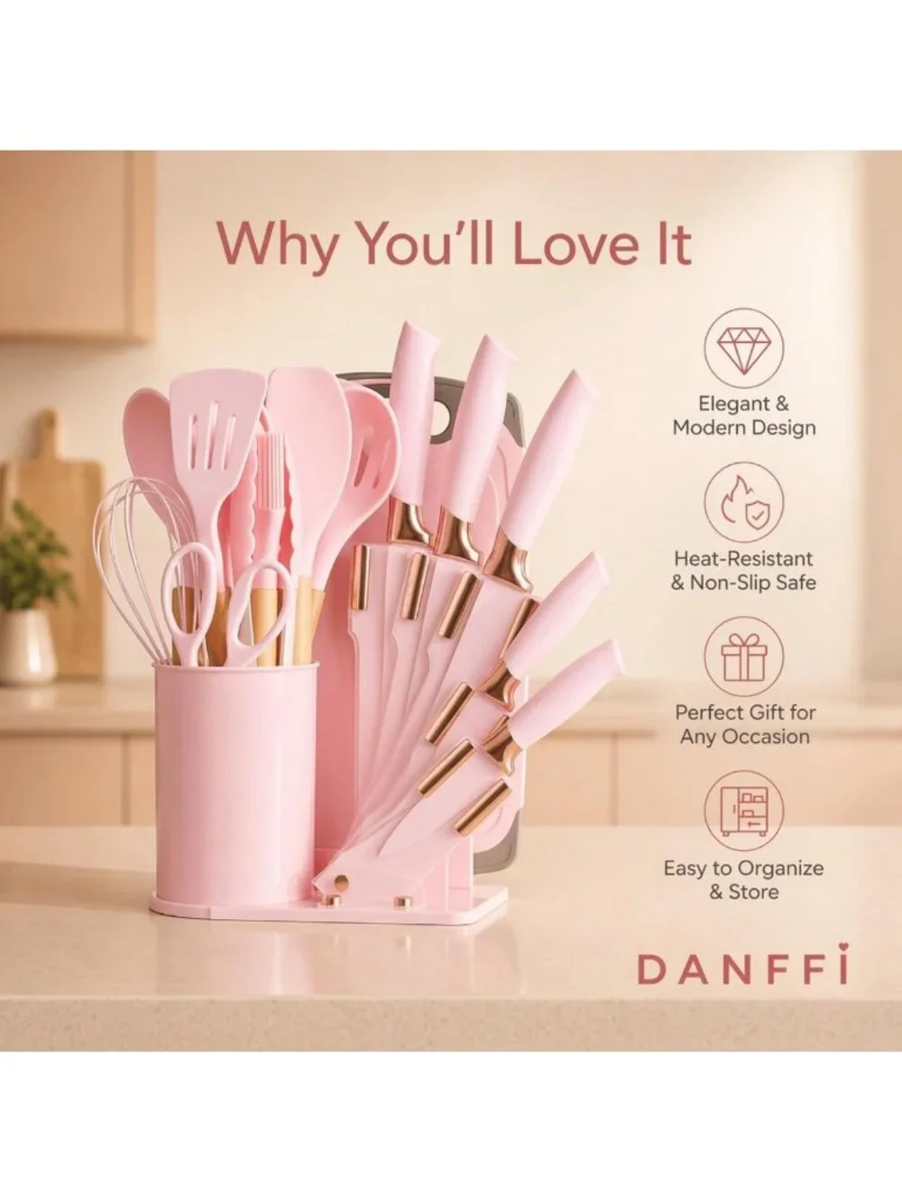 19-Piece Pink Kitchen Utensils Set - Silicone Tools, Wooden Handles, BPA-Free